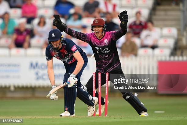 Tom Banton of Somerset celebrates as Zak Crawley of Kent if bowled by Max Waller during the Vitality Blast T20 match between Somerset and Kent at The...