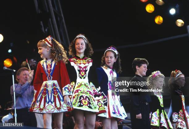 Paddy Moloney of The Chieftains and Irish Dancers perform during the Guinness Fleadh at San Jose State University on June 28, 1998 in San Jose,...