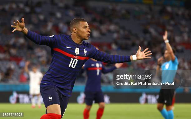 Kylian Mbappe of France celebrates a goal which is later ruled out for offside during the UEFA Euro 2020 Championship Group F match between France...