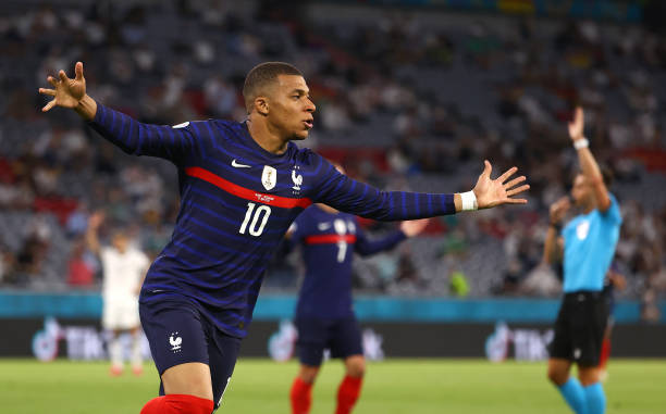 Kylian Mbappe of France celebrates a goal which is later ruled out for offside during the UEFA Euro 2020 Championship Group F match between France...