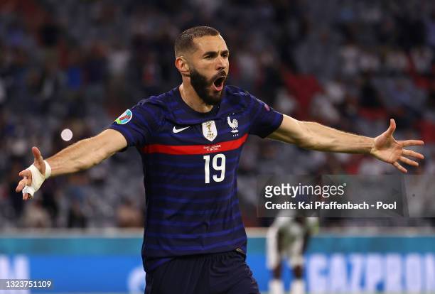 Karim Benzema of France celebrates a goal which is later disallowed by VAR during the UEFA Euro 2020 Championship Group F match between France and...