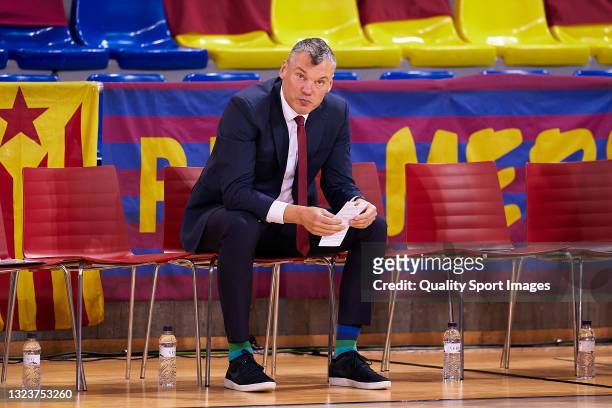 Sarunas Jasikevicius, head coach of FC Barcelona looks on prior to the Liga ACB Final Second Leg match between FC Barcelona v Real Madrid at Palau...
