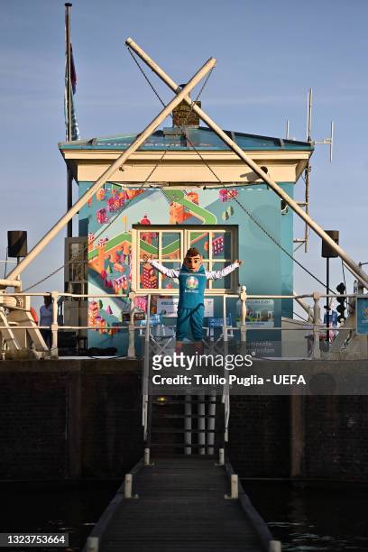 The Euro 2020 football tournament mascot Skillzy pose at De Leukste Huiskamer, a Lock Keepers building painted in the Euro 2020 colours and logo,...