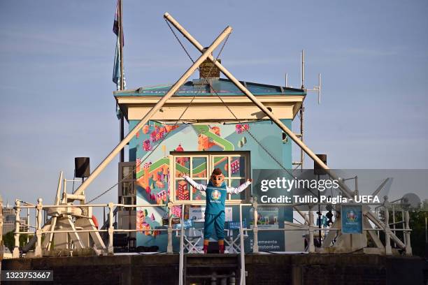 The Euro 2020 football tournament mascot Skillzy pose at De Leukste Huiskamer, a Lock Keepers building painted in the Euro 2020 colours and logo,...