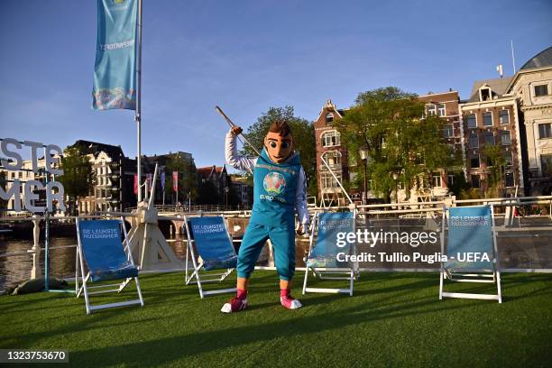 The Euro 2020 football tournament mascot Skillzy pose at De Leukste Huiskamer, a Lock Keepers building painted in the Euro 2020 colours and logo,...