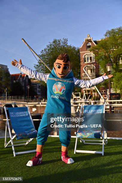 The Euro 2020 football tournament mascot Skillzy pose at De Leukste Huiskamer, a Lock Keepers building painted in the Euro 2020 colours and logo,...