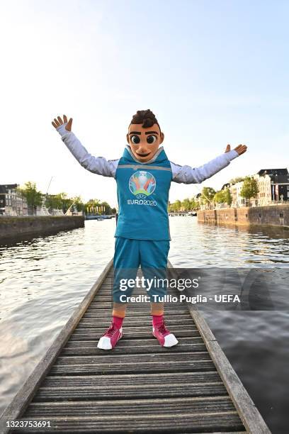 The Euro 2020 football tournament mascot Skillzy pose at De Leukste Huiskamer, a Lock Keepers building painted in the Euro 2020 colours and logo,...