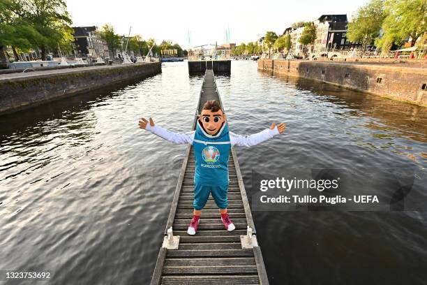 The Euro 2020 football tournament mascot Skillzy pose at De Leukste Huiskamer, a Lock Keepers building painted in the Euro 2020 colours and logo,...