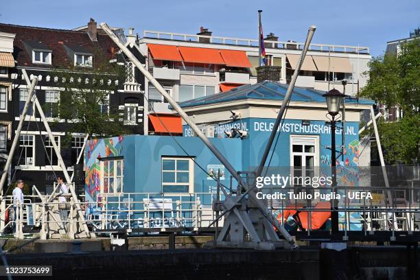 General view of De Leukste Huiskamer, a Lock Keepers building painted in the Euro 2020 colours and logo, during the UEFA Euro 2020 Tournament on June...