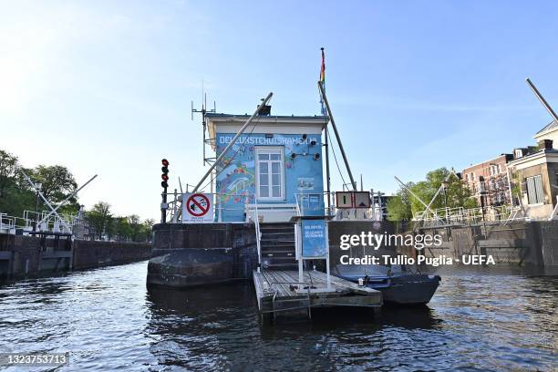 General view of De Leukste Huiskamer, a Lock Keepers building painted in the Euro 2020 colours and logo, during the UEFA Euro 2020 Tournament on June...