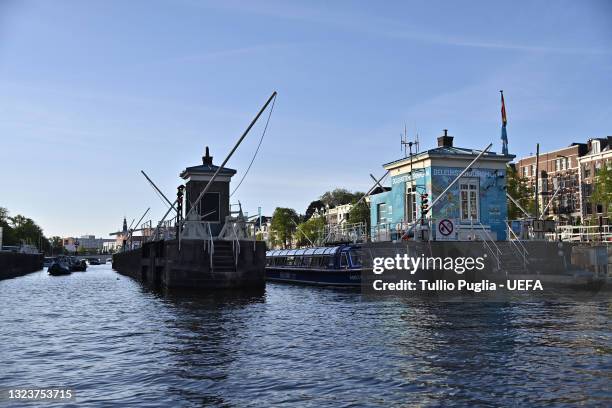 General view of De Leukste Huiskamer, a Lock Keepers building painted in the Euro 2020 colours and logo, during the UEFA Euro 2020 Tournament on June...