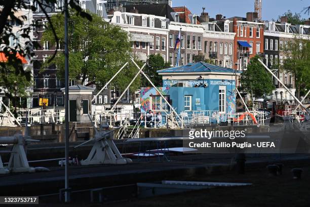 General view of De Leukste Huiskamer, a Lock Keepers building painted in the Euro 2020 colours and logo, during the UEFA Euro 2020 Tournament on June...