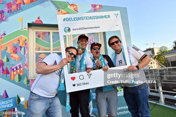 Contest winners fans of Germany are host at De Leukste Huiskamer, a Lock Keepers building painted in the Euro 2020 colours and logo, during the UEFA...