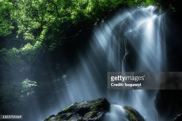 waterfalls with rays of sunlight - yamagata stock-fotos und bilder