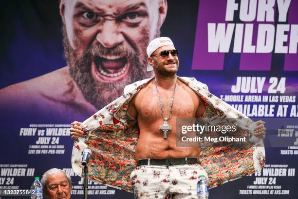 Tyson Fury interacts with the crowd during the press conference with Deontay Wilder at The Novo by Microsoft at L.A. Live on June 15, 2021 in Los...