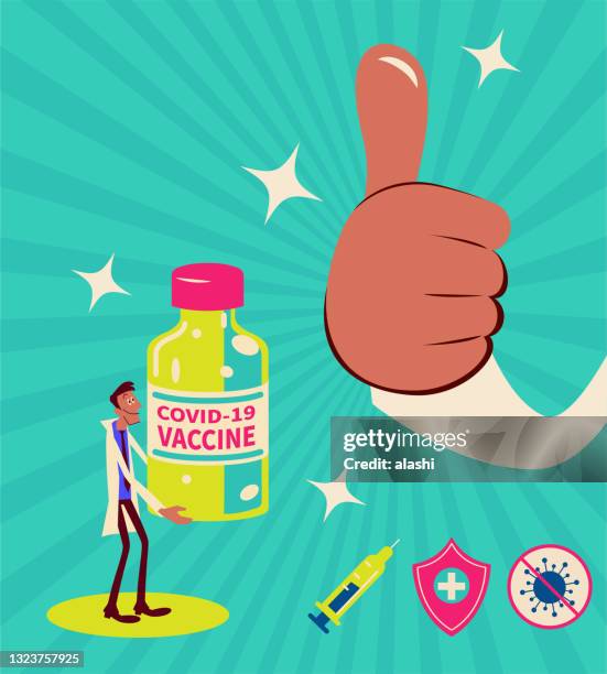 giant hand gives a thumbs up to covid-19 vaccine held by a scientist (doctor) which is vaccine safety and monitoring concept - food and drug administration stock illustrations