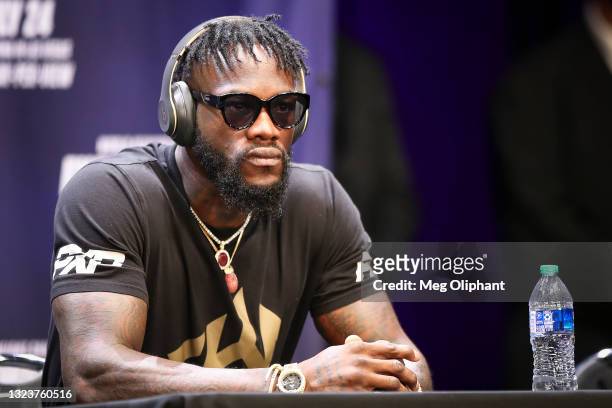 Deontay Wilder declines to speak during the press conference with Tyson Fury at The Novo by Microsoft at L.A. Live on June 15, 2021 in Los Angeles,...