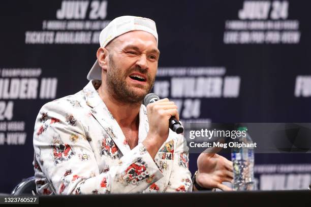 Tyson Fury speaks at the press conference with Deontay Wilder at The Novo by Microsoft at L.A. Live on June 15, 2021 in Los Angeles, California.