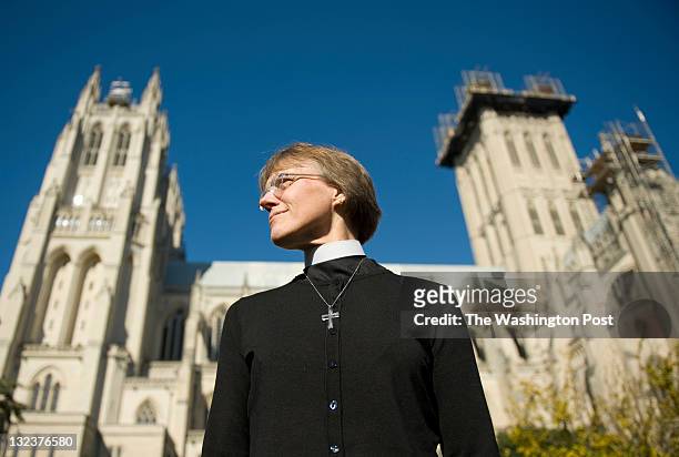 Bishop Mariann Budde poses for a portrait in the Bishop's Garden on the grounds of the Washington National Cathedral in Washington, D.C., on Tuesday,...