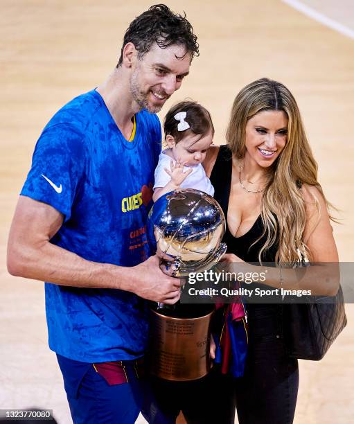 Pau Gasol of FC Barcelona with his daughter Elisabet Gianna Gasol and his wife Catherine McDonnell celebrate after becoming champions of the Liga ACB...