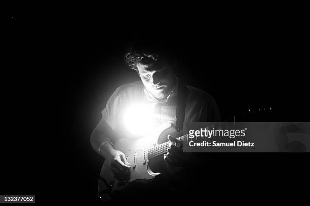 Image has been converted to black and white.) Joseph Mount of Metronomy performs live at Cite de la Musique on July 6, 2011 in Paris, France.