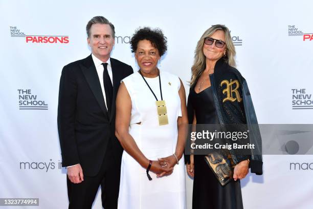 Jeffrey Gennette, Carrie Mae Weems, and Angela Ahrendts attend the The 72nd Annual Parsons Benefit at Pier 17 on June 15, 2021 in New York City.
