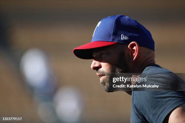 Manager Chris Woodward of the Texas Rangers looks on before the game against the Los Angeles Dodgers at Dodger Stadium on June 12, 2021 in Los...