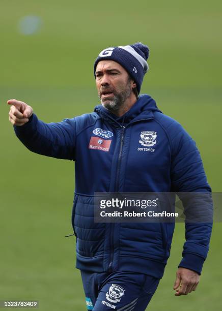Cats coach, Chris Scott is seen during a Geelong Cats AFL training session at GMHBA Stadium on June 16, 2021 in Geelong, Australia.