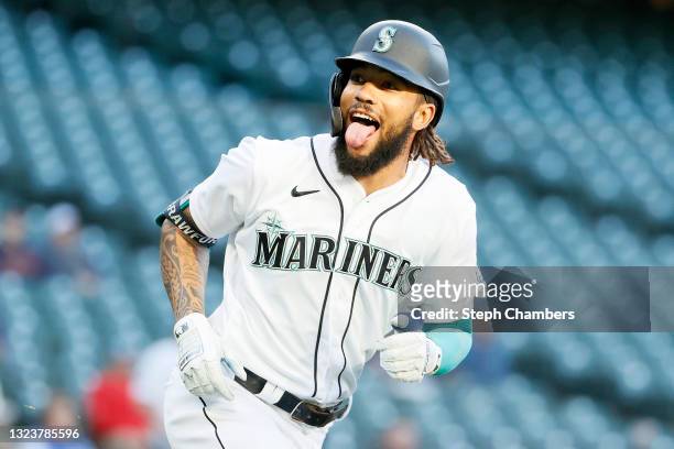 Crawford of the Seattle Mariners reacts after his home run against the Minnesota Twins during the first inning at T-Mobile Park on June 15, 2021 in...