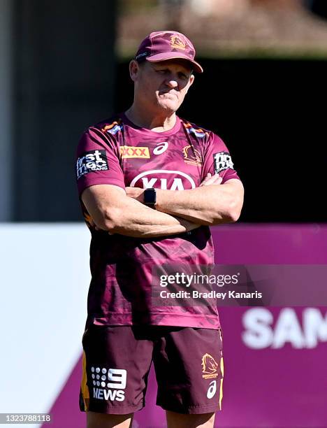 Coach Kevin Walters watches on during a Brisbane Broncos NRL training session at Clive Berghofer Field on June 16, 2021 in Brisbane, Australia.