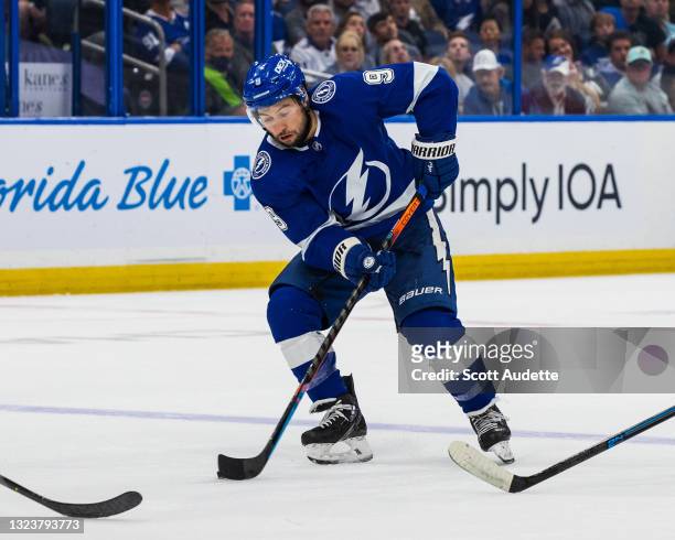 Tyler Johnson of the Tampa Bay Lightning skates against the New York Islanders during the first period in Game Two of the Stanley Cup Semifinals of...