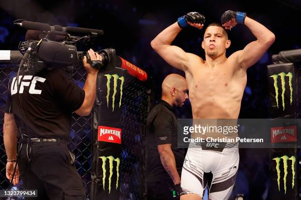 Nate Diaz enters the octagon to fight Leon Edwards of Jamaica during their UFC 263 welterweight match at Gila River Arena on June 12, 2021 in...