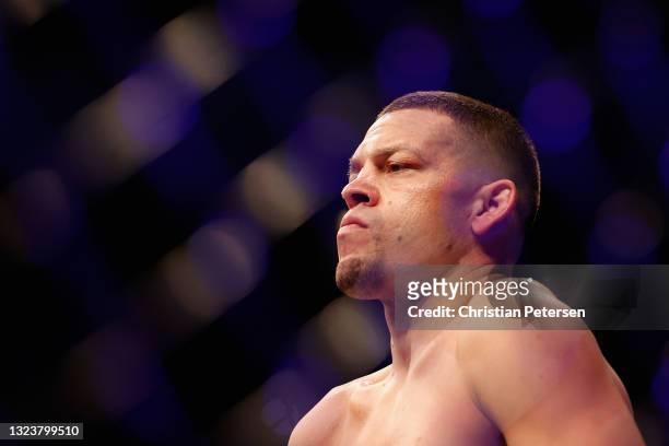 Nate Diaz enters the octagon to fight Leon Edwards of Jamaica during their UFC 263 welterweight match at Gila River Arena on June 12, 2021 in...