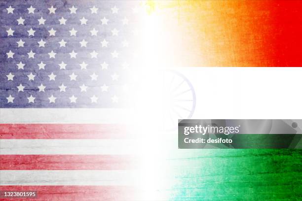 a grunge effect horizontal vector illustration of usa(american) and india's tricolour flags - india economy stock illustrations