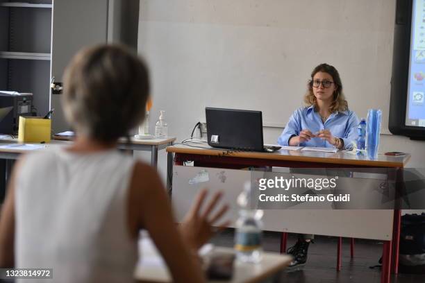 Student speaks during a high-school exam inside the Liceo Classico Massimo D'Azeglio on June 16, 2021 in Turin, Italy. High-school graduation exams...