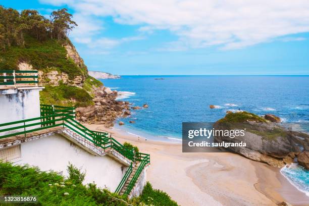 high angle view of a beach, estaño beach, asturias, spain. - lastres stock pictures, royalty-free photos & images