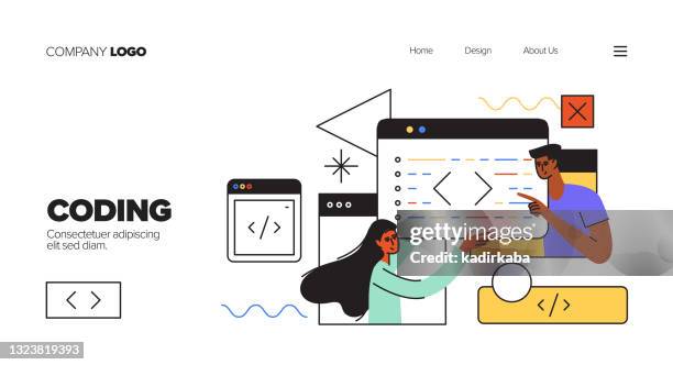 ilustrações, clipart, desenhos animados e ícones de conceito de codificação para landing page, banner do site, publicidade on-line, publicidade e material de marketing - code