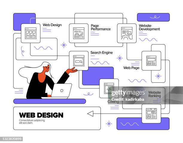 web design concept flat line illustration with icons - typewriter isolated stock illustrations