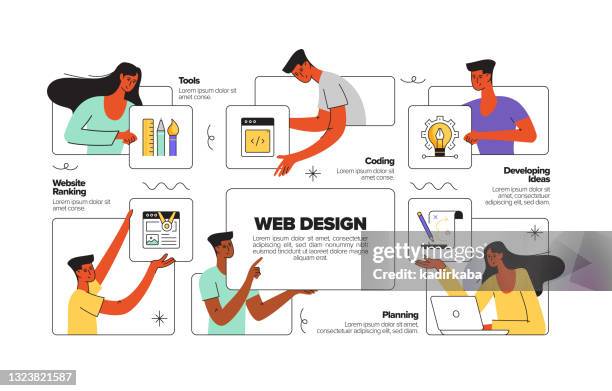web design concept flat line illustration with icons - typewriter isolated stock illustrations