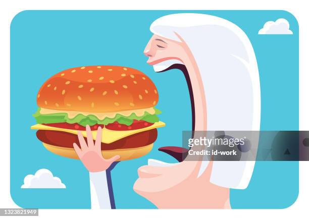 stockillustraties, clipart, cartoons en iconen met senior woman eating big hamburger - bijten