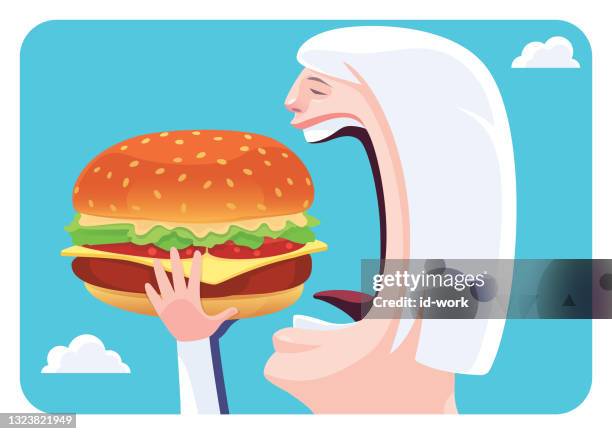 senior woman eating big hamburger - bun stock illustrations