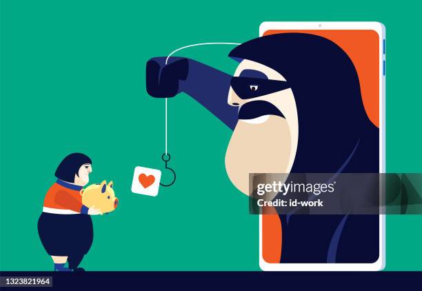 woman holding piggy bank and meeting hacker via smartphone - online cheating stock illustrations