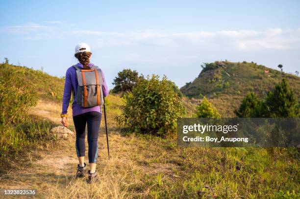 back view of young woman using a hiking pole while hiking on steep mountain. - hiking pole stock pictures, royalty-free photos & images