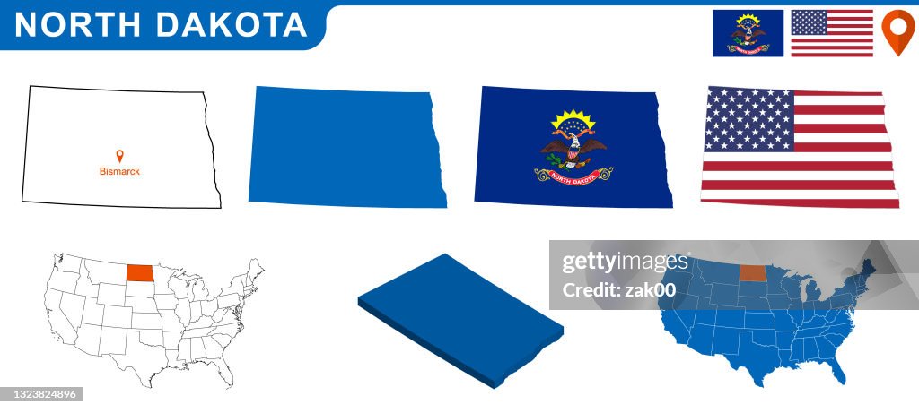 USA state Of North Dakota's map and Flag.