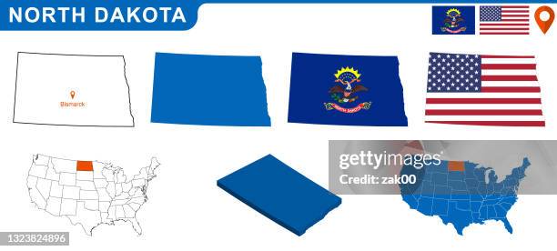 usa state of north dakota's map and flag. - north dakota state flag stock illustrations