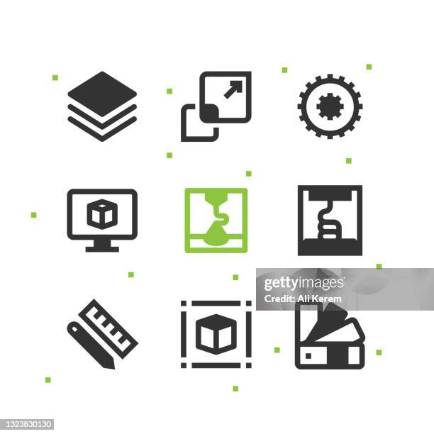 3d printing and modelling icon set - printing plate stock illustrations