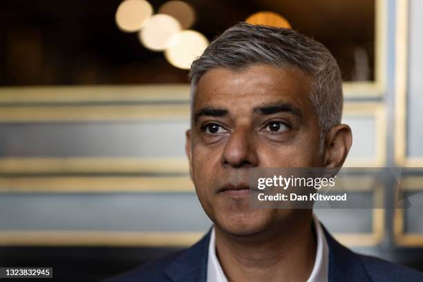 London Mayor Sadiq Khan, speaks with management of the Wolseley restaurant on Piccadilly on June 16, 2021 in London, England. The UK government...