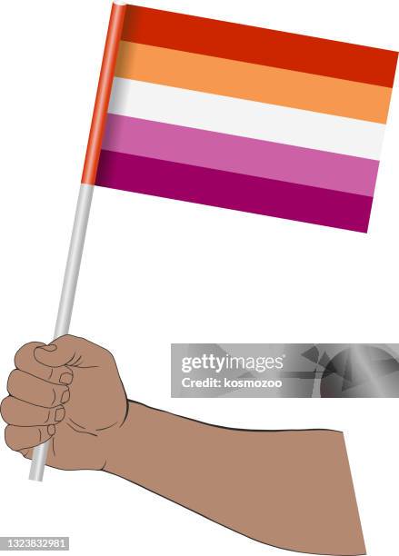ilustraciones, imágenes clip art, dibujos animados e iconos de stock de mano sosteniendo bandera lésbica - asta palo