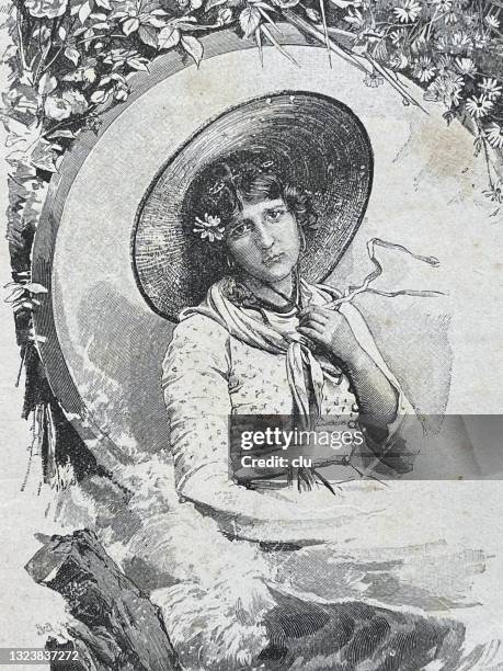 young woman with a sunhat sitting, surrounded by flowers - sombrero woman stock illustrations