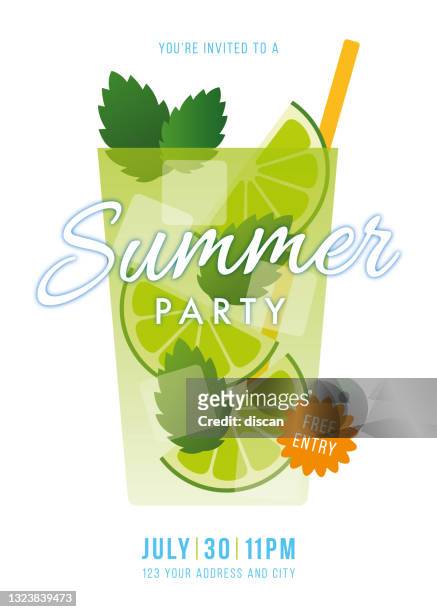sommerparty-einladung mit mojito-cocktail. - happy hour stock-grafiken, -clipart, -cartoons und -symbole